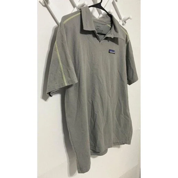 Patagonia Men's Polo Large Gray Shirt Organic Cotton Yellow Stitch Trim  V Neck - Picture 2 of 9